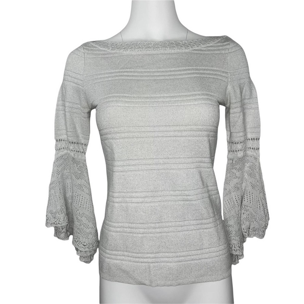 WHBM Lace Flutter Sleeve Sweater Silver White House Black Market XS